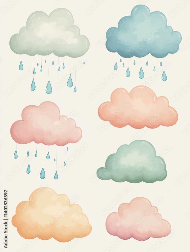 Poster Pastel clouds with soft raindrops on a neutral background create a calming visual experience