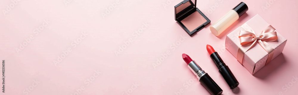 Poster elegant makeup products and a gift box with ribbon are displayed on a soft pink colored background.