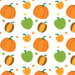 Vector illustration of a seamless pattern on an autumn theme with pumpkins of different shapes and colors