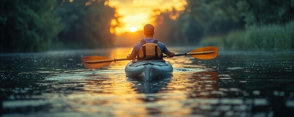 Man kayaking on serene river during a stunning sunrise