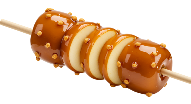 Sliced Caramel Apple Treat on Stick, Transparent Background