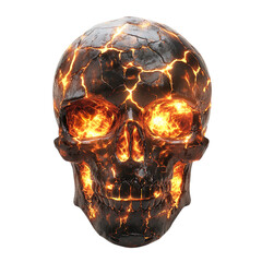 Fiery skull halloween decoration with lava eyes and cracked texture for spooky season design element on transparent background