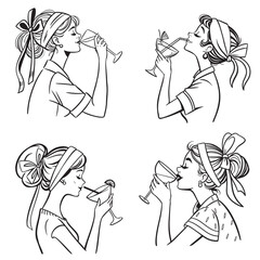 Coquette drinks and cocktails hand drawn. Cute glasses with ribbon and bow for menu in crayon and sketch style. Trendy art for bachelorette party and wedding invitations. Contour vector illustration