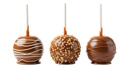 Three Chocolate Candy Apples with Various Toppings on Sticks Transparent Background