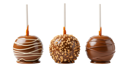Three Chocolate Candy Apples with Various Toppings on Sticks Transparent Background