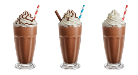 Three Chocolate Milkshakes with Whipped Cream on Transparent Background