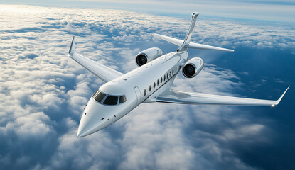 Obraz premium Plane flying in blue sky above white clouds, representing air travel and adventure.