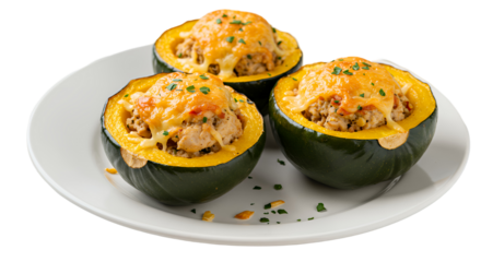 Three Golden-Brown Acorn Squash Halves Stuffed with Chicken and Rice, Melted Cheese, and Parsley