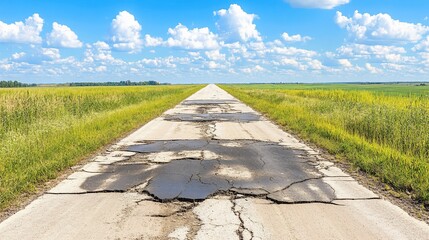 Damaged asphalt road through a rural landscape under a partly cloudy sky.  Patches of  broken pavement