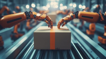 Robotic Arms Working Together To Handle The Shipping Box