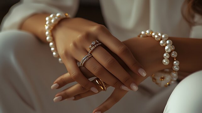 A woman is wearing a lot of jewelry, including a pearl bracelet and a gold ring