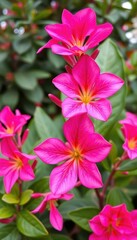 Close-up of vibrant pink Adenium obesum blossoms, lush green foliage backdrop, plant photography, delicate