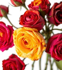 Fototapeta premium Close-up of several wilted, browning roses isolated on white, nature, faded roses