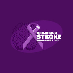 Fototapeta premium Childhood Stroke Awareness Day to celebrate on the first Saturday of May. Purple campaign ribbon with an illustration of a brain on a dark purple background. Health event banner.