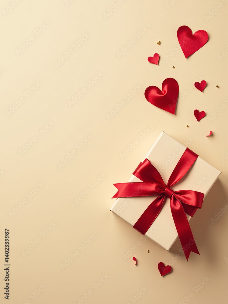 Poster flat lay design features a gift box with ribbon, tie, and hearts on a beige background with space fo