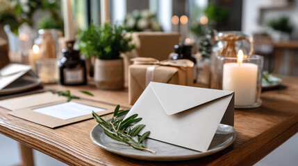 Invitaci&oacute;n de boda en sobre beige sobre plato con ramita verde, en mesa decorada con velas encendidas, regalos y plantas en ambiente acogedor

