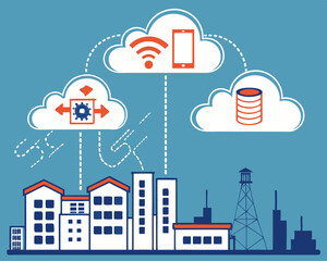 Naklejka premium Cloud Computing Illustration Representing Industry and Data Flow 