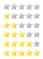 Five star rating and review. Award, different ranks from one to five stars. Gold and gray transparent stars. Voting icon. Vector illustrations EPS 10