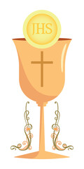 Communion with bread and wine. Symbol of the suffering of Jesus Christ. Religious drawing of a golden cup and bread. The first holy communion. Good Friday, Holy Week, Easter. Vector illustrations EPS 