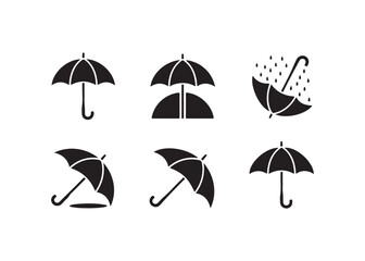 Simple black and white umbrella icons set for weather or protection concept.