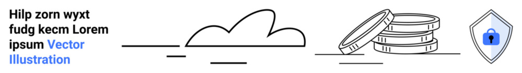 Cloud icon, shield with lock, and coin stacks highlight cybersecurity, online storage, and data encryption. Ideal for technology, finance, investment, security banking digital assets flat landing