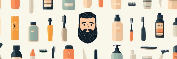 Pattern featuring grooming tools and beard icons in a muted color palette for stylish designs