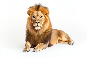 Obraz premium Majestic lion resting on a white background, showcasing its powerful presence and detailed mane