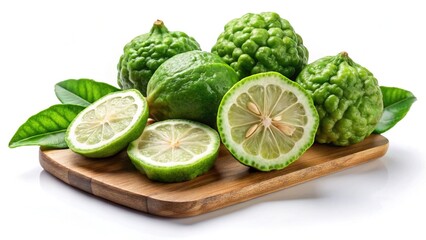 Fresh Kaffir Lime Fruits Sliced on Wooden Board with Green Leaves