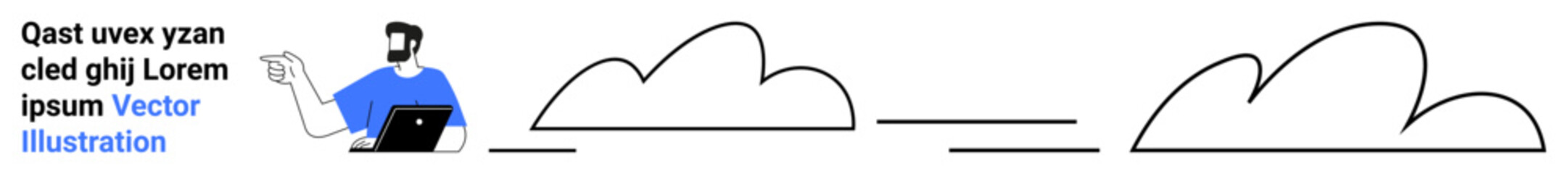 Man holding a laptop, interacting with text and connected cloud outlines. Ideal for technology, cloud computing, remote work, online services, data transfer, IT solutions, flat landing page banner