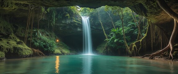 A magical hidden cave with a glowing waterfall flowing into a secret lagoon.