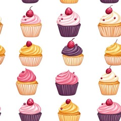 Dessert seamless pastry minimal style. A vibrant pattern featuring colorful cupcakes with various frosting styles and toppings, set against a white background.