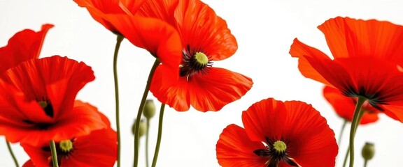 Fototapeta premium Close-up of vibrant red poppies against a pure white background, detail, wallpaper