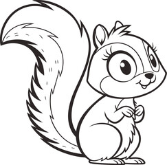 Charming Cartoon Squirrel in Black and White Line Art for Kids' Illustrations