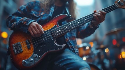 Fototapeta premium Musician playing a bass guitar in a lively urban street setting with colorful lights