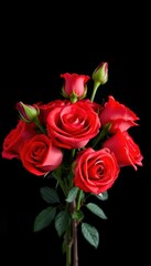 Elegant red roses bouquet against black background, vintage floral aesthetic, intense, stem