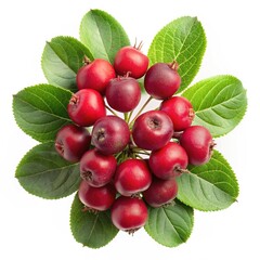 A cluster of ripe red crabapples surrounded by vibrant green leaves against a white background