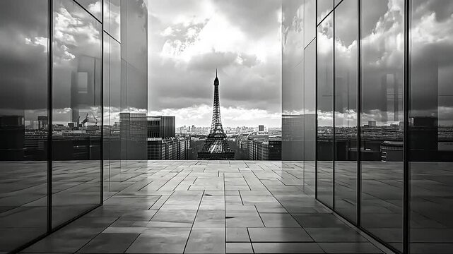 Panoramic view of the Eiffel Tower from a modern glass building terrace under dramatic clouds