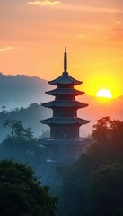 Misty dawn bathes ancient pagoda, serene forest calm, secluded, magical, serene