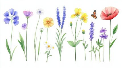 Watercolor floral illustration set - Wildflowers: summer flower, blossom, poppies, chamomile, dandelions, cornflowers, lavender, violet, bluebell, clover, buttercup, butterfly. illustration