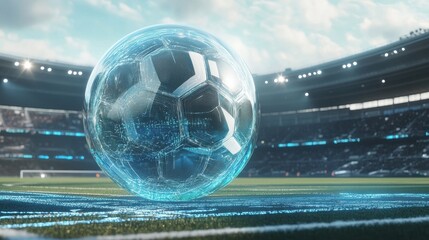 Soccer ball in a holographic bubble on a football field with a stadium background. Concept of a futuristic soccer game or technology- illustration