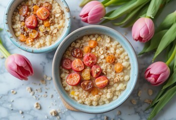 Two bowls of oatmeal porridge with tulips in the background, representing a cozy and cheerful breakfast scene.
