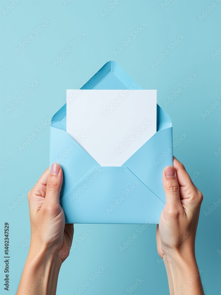 Poster hands holding a blue envelope and white card on an isolated pastel blue background with generous emp