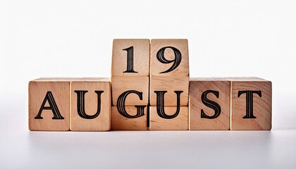 Minimalist photo of wooden blocks with date 19 August. Day and month, calendar on white background