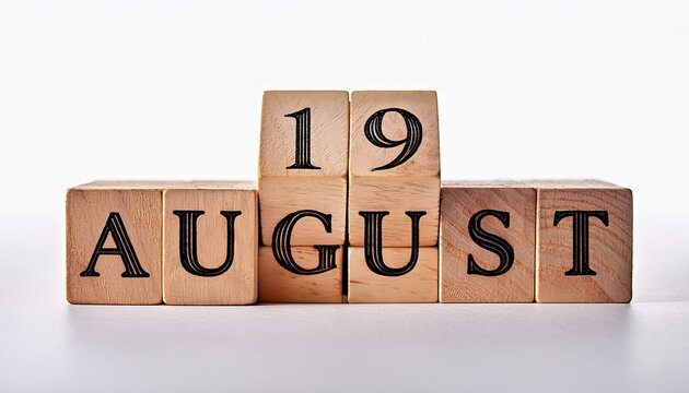 Minimalist photo of wooden blocks with date 19 August. Day and month, calendar on white background
