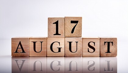 Minimalist photo of wooden blocks with date 17 August. Day and month, calendar on white background