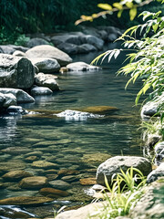Flowing River with Rocks and Greenery Alongside
