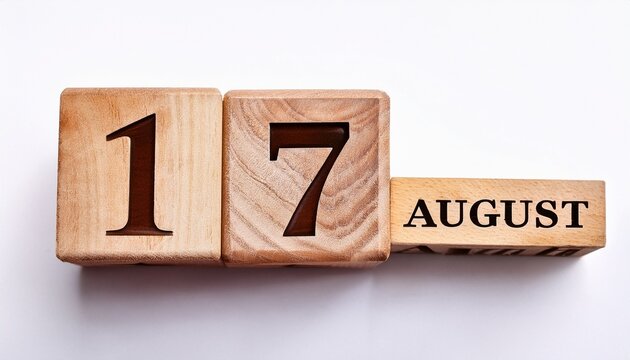 Minimalist photo of wooden blocks with date 17 August. Day and month, calendar on white background