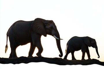 Fototapeta premium Silhouetted elephants walking along a ridge at sunset, showcasing their majestic forms against the sky