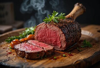 A set of photos featuring different types of meat dishes, including beef and pork steaks and a large group platter with various meats.