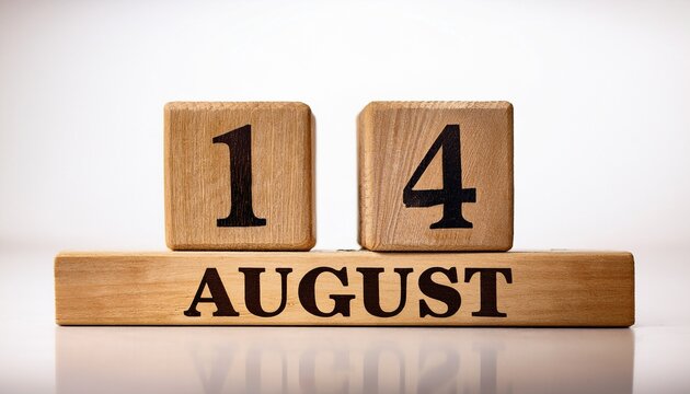Minimalist photo of wooden blocks with date 14 August. Day and month, calendar on white background